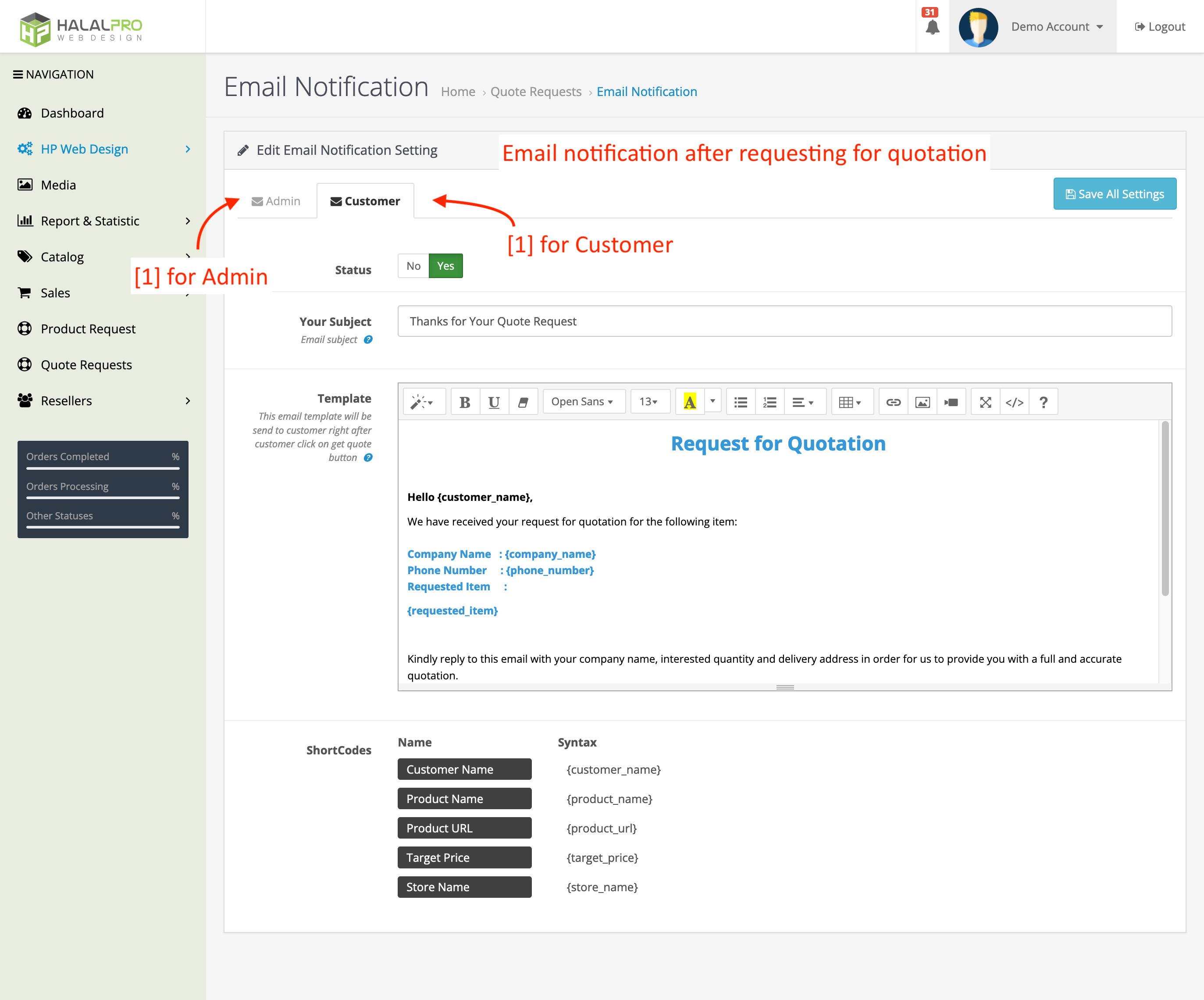 email notification for admin and customer after requesting for quote opencart